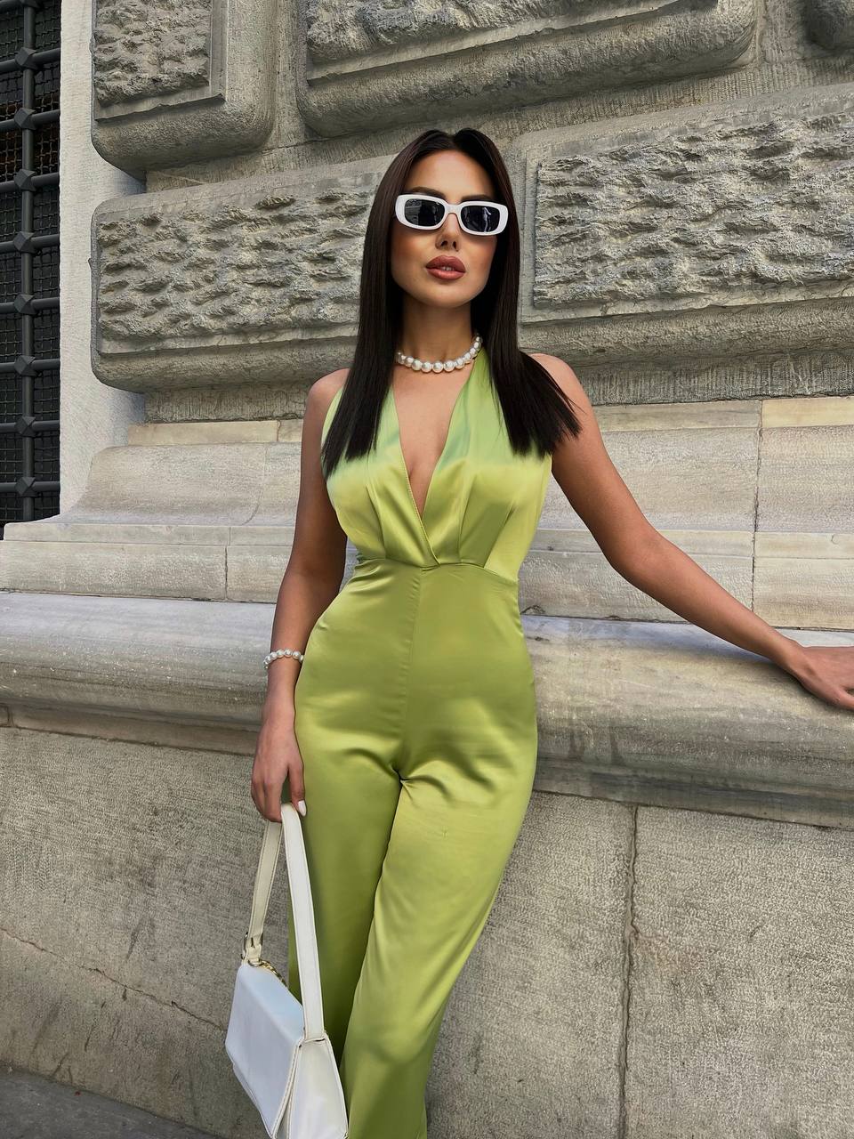 Gecko green satin backless jumpsuit