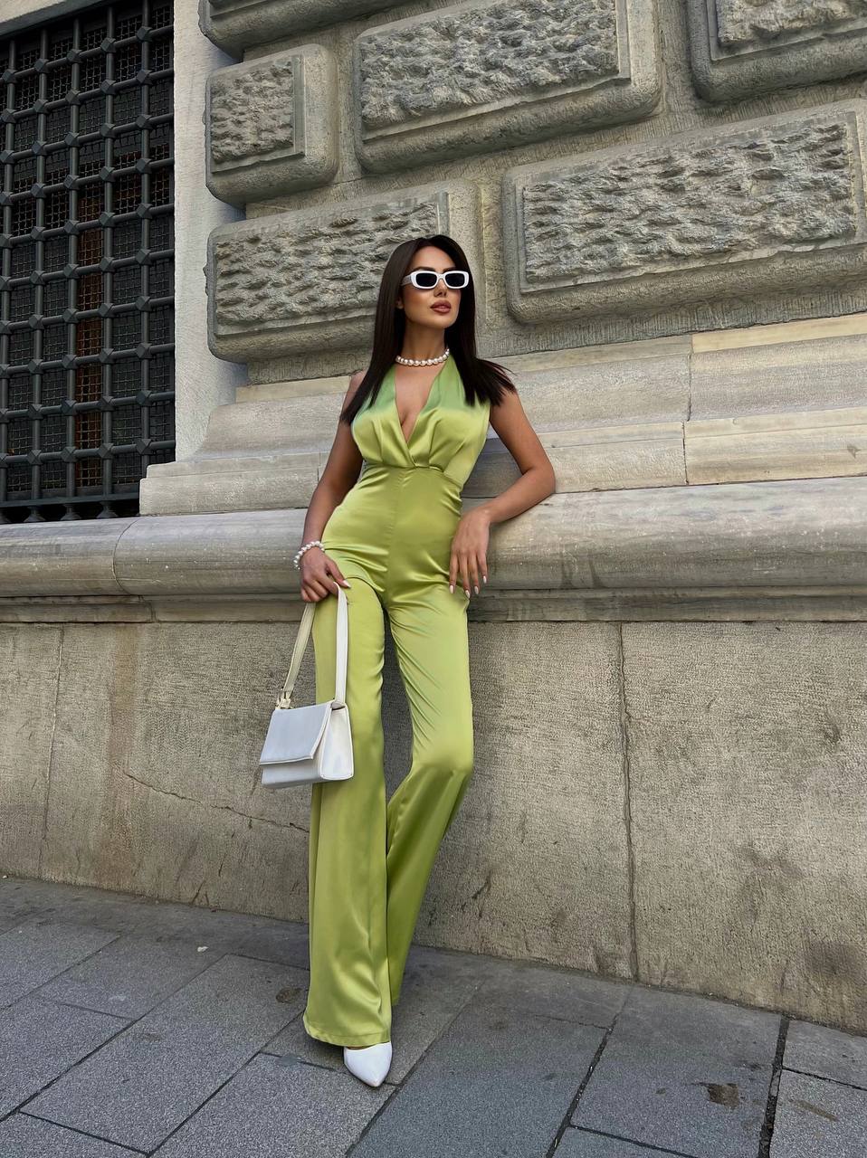 Gecko green satin backless jumpsuit