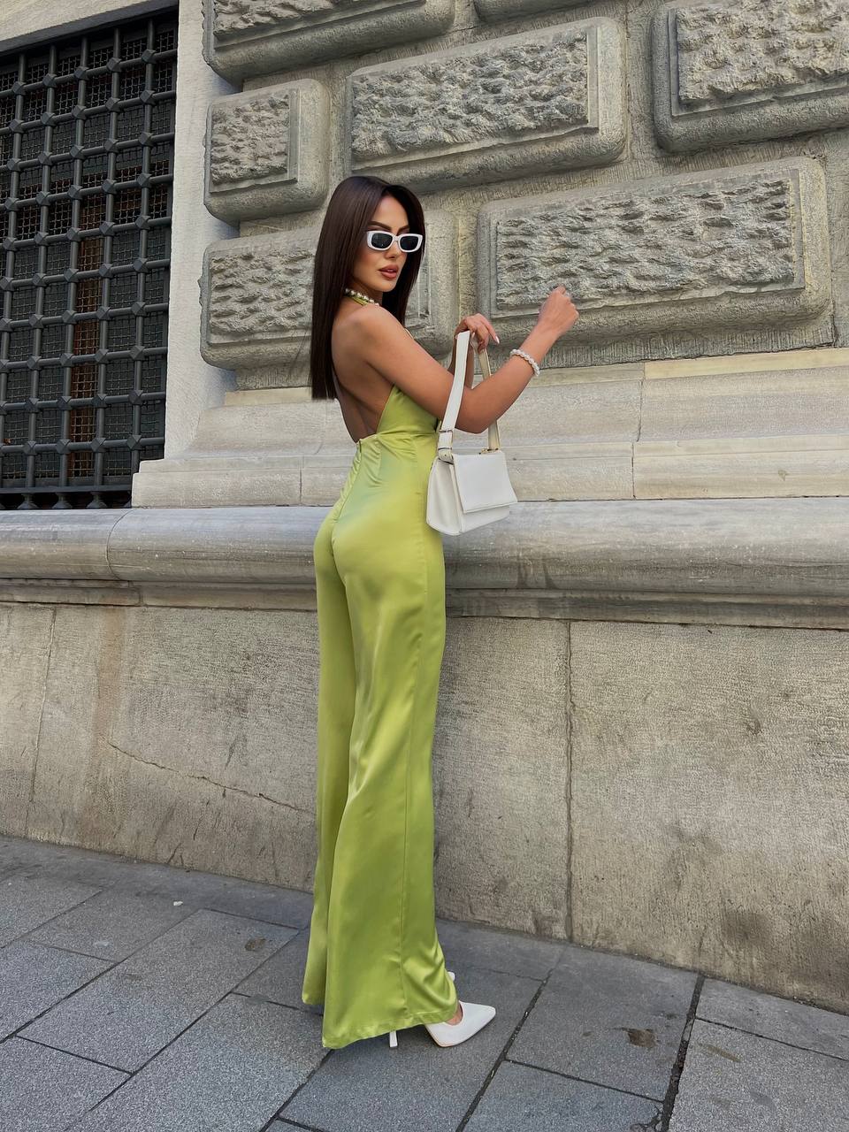 Gecko green satin backless jumpsuit