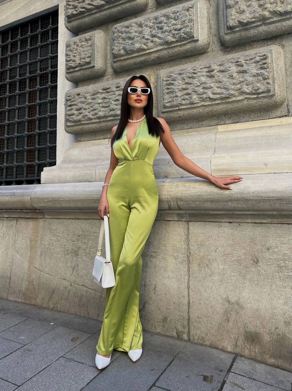 Gecko green satin backless jumpsuit