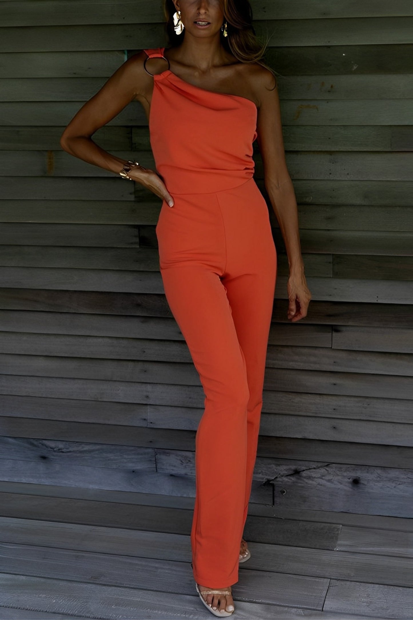 Orange off shoulder jumpsuit