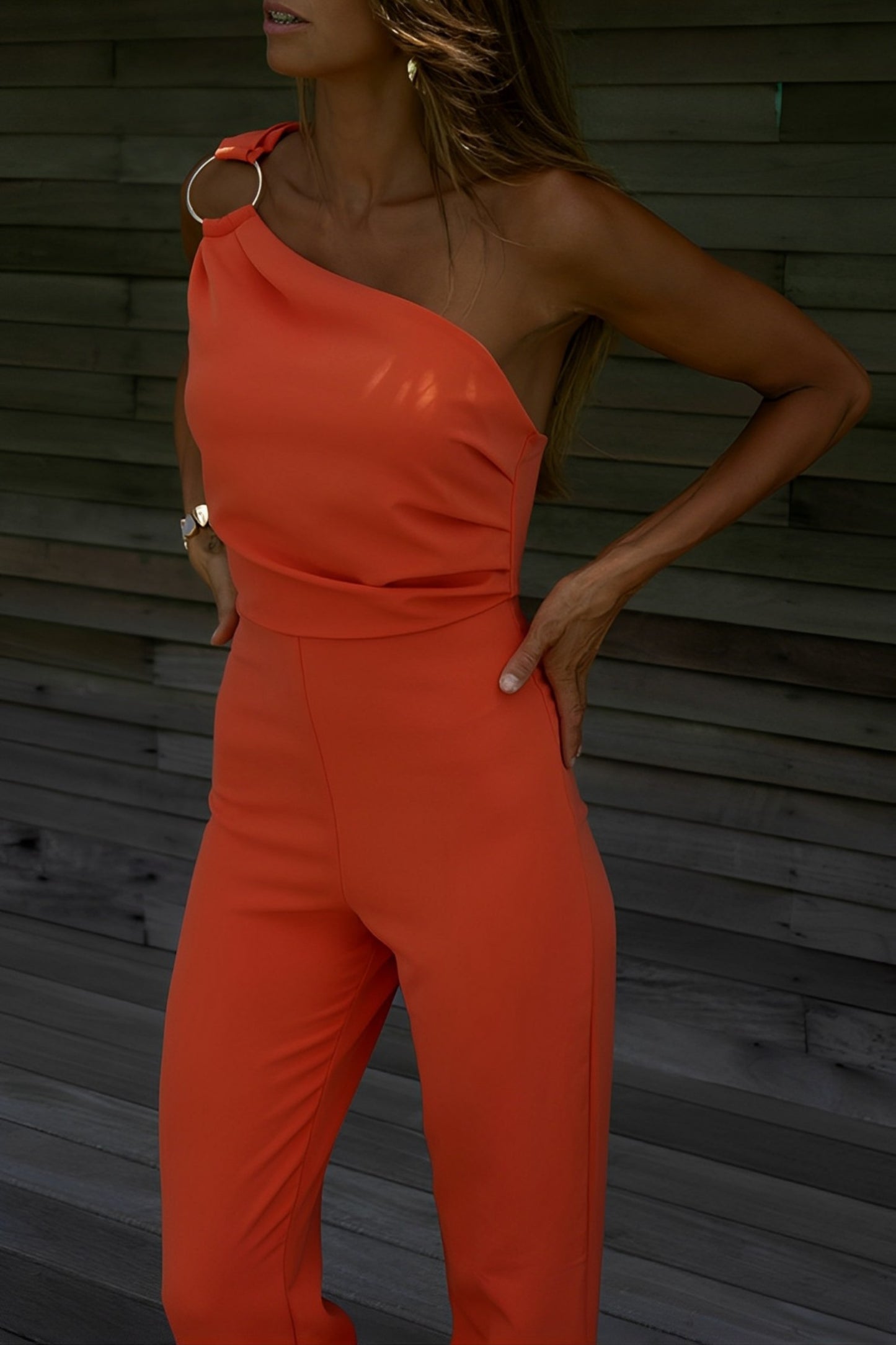 Orange off shoulder jumpsuit