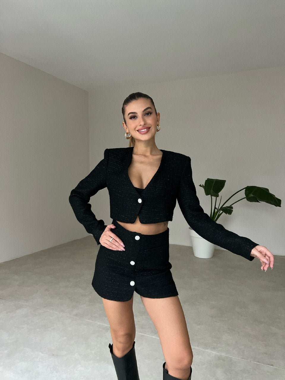 Mini skirt cropped blazer suit