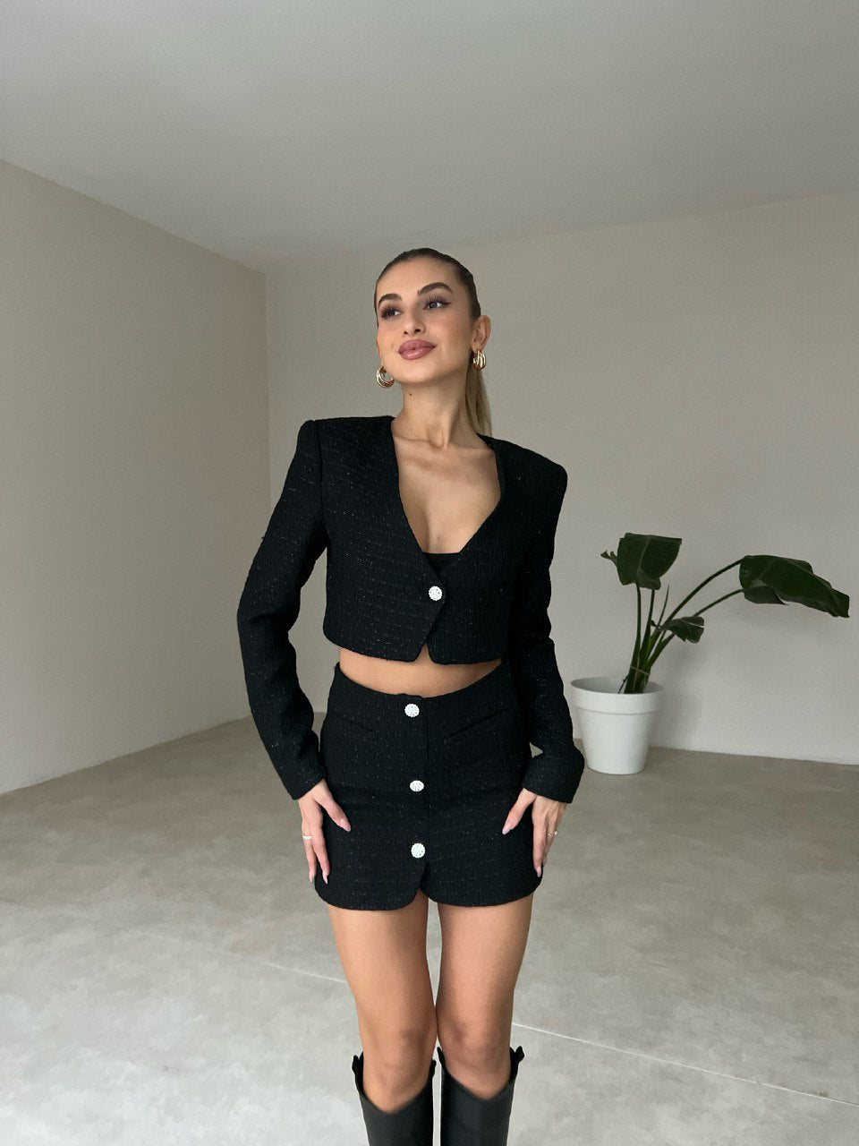 Mini skirt cropped blazer suit