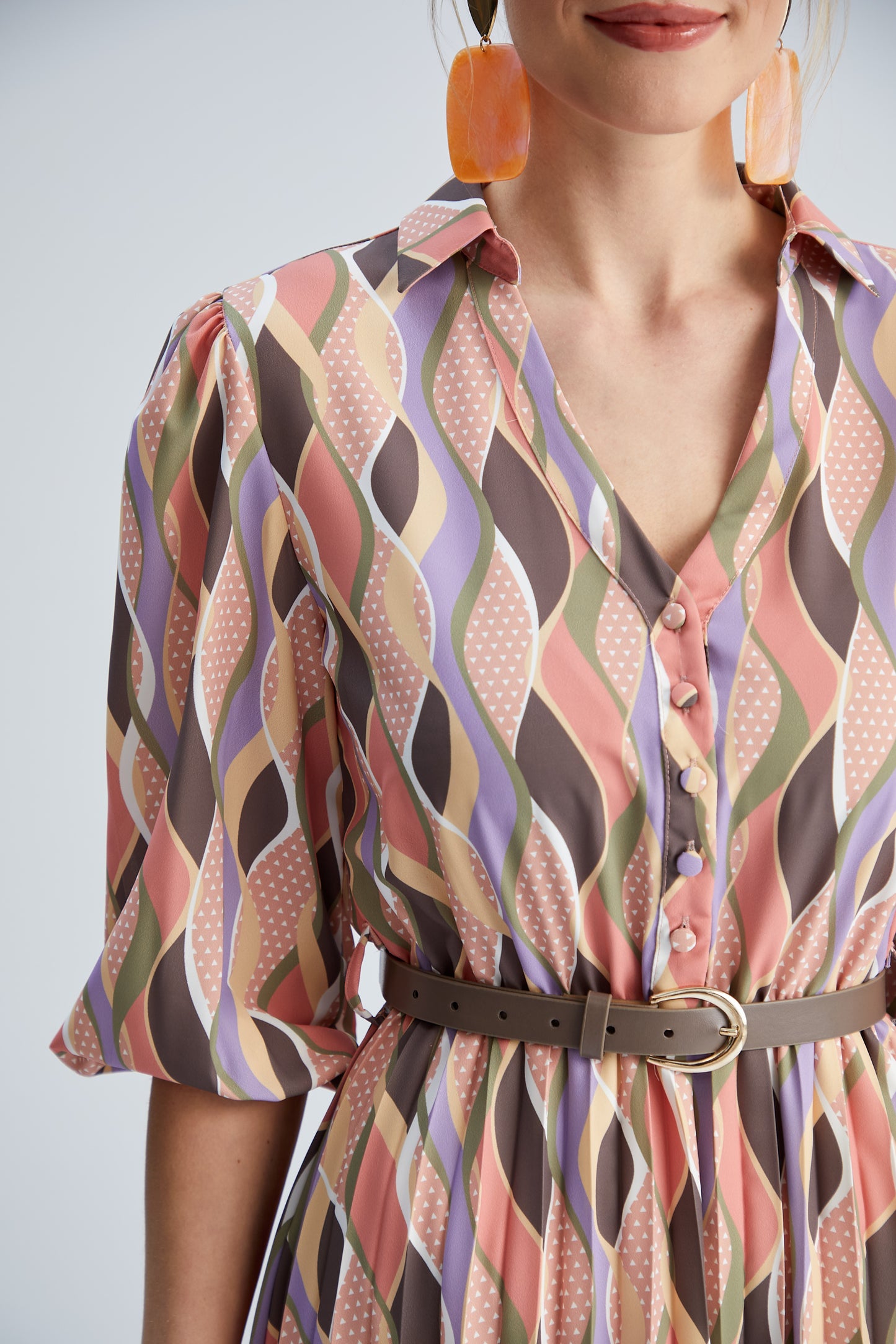 V neck belted print dress shirt