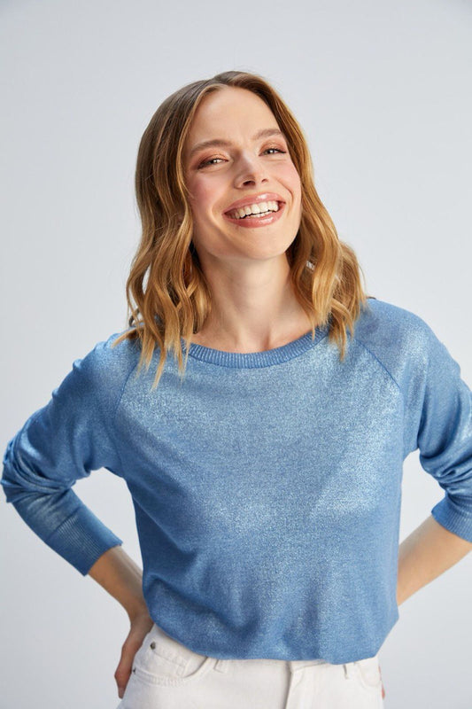 Blue sequin crew neck T-shirt