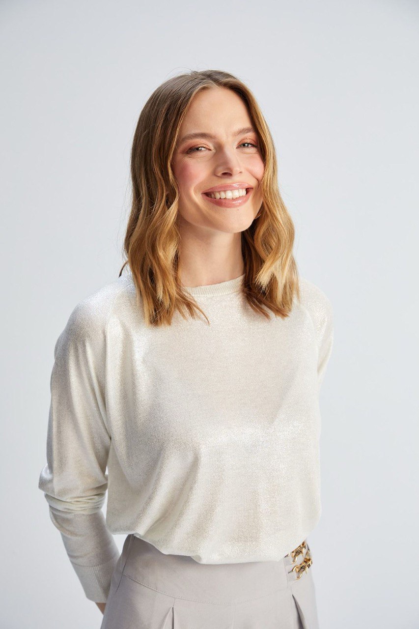 Cream sequin crew neck T-shirt