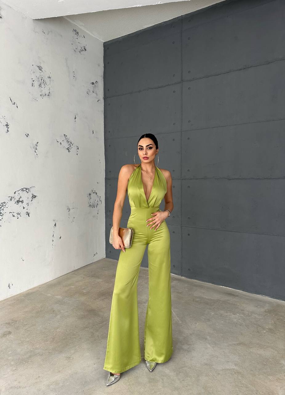 Gecko green satin backless jumpsuit