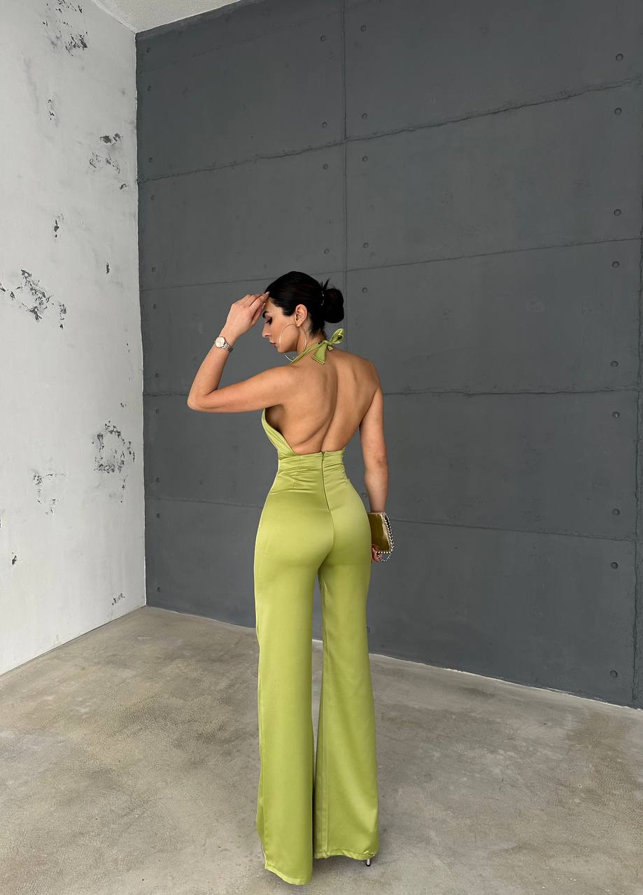 Gecko green satin backless jumpsuit