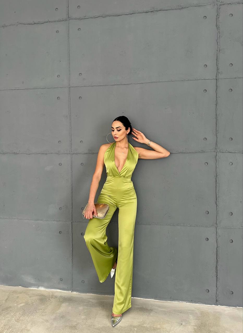 Gecko green satin backless jumpsuit