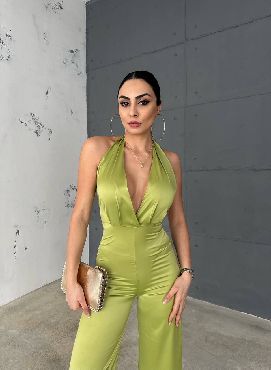 Gecko green satin backless jumpsuit