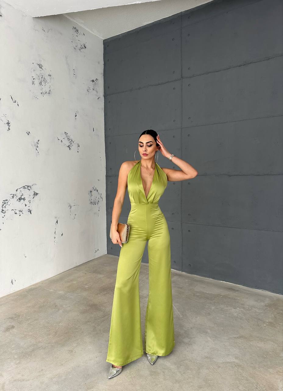 Gecko green satin backless jumpsuit