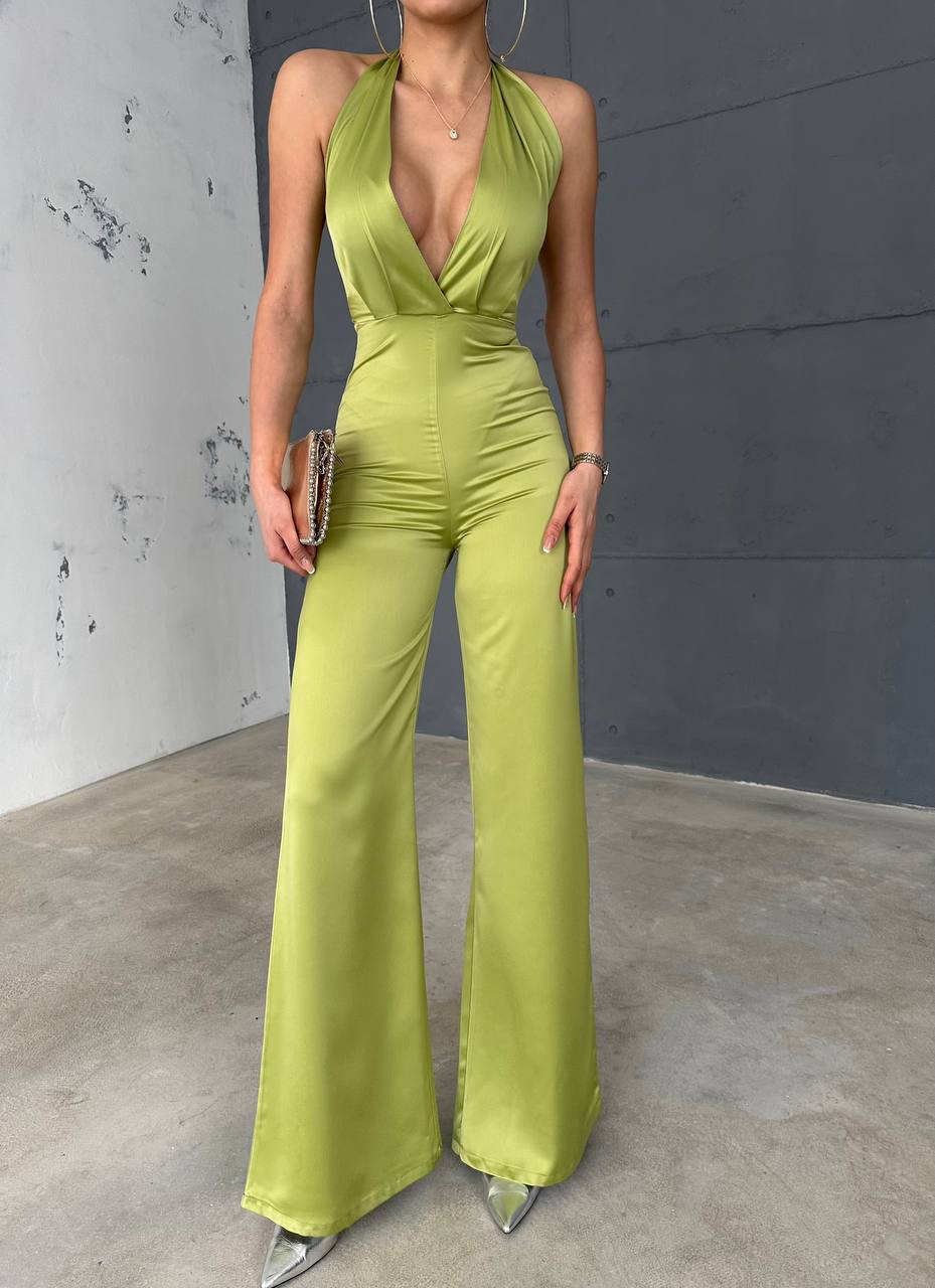 Gecko green satin backless jumpsuit