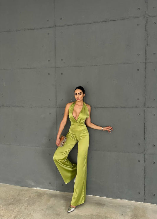 Gecko green satin backless jumpsuit