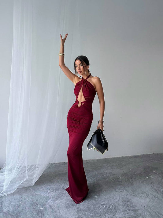 Halter neck summer maxi dress - Burgundy