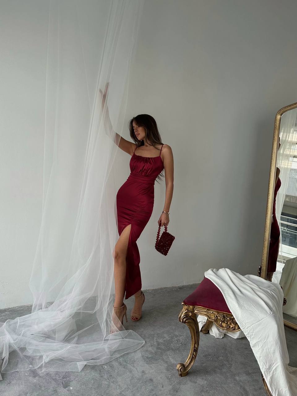 Spaghetti straps Satin midi dress - Burgundy