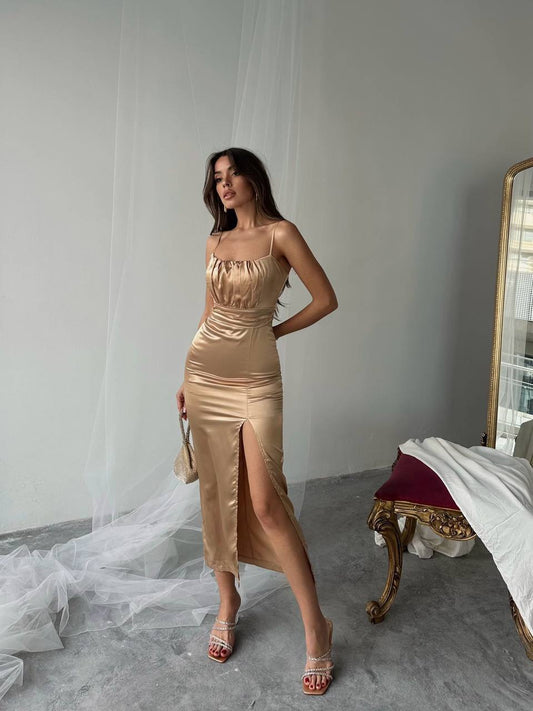 Spaghetti straps Satin midi dress - Gold