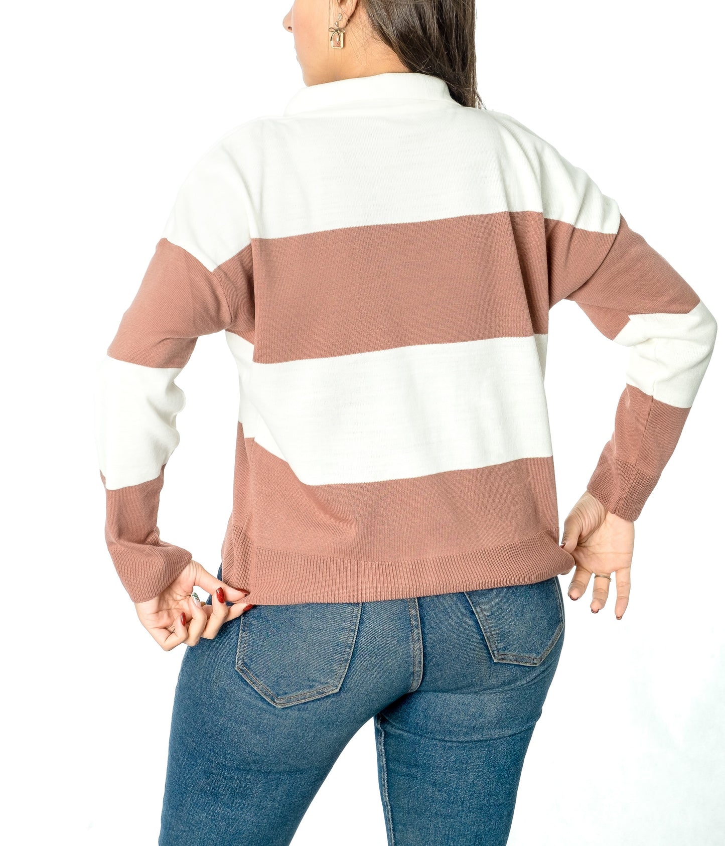 Long sleeves stripes polo shirt - Nude