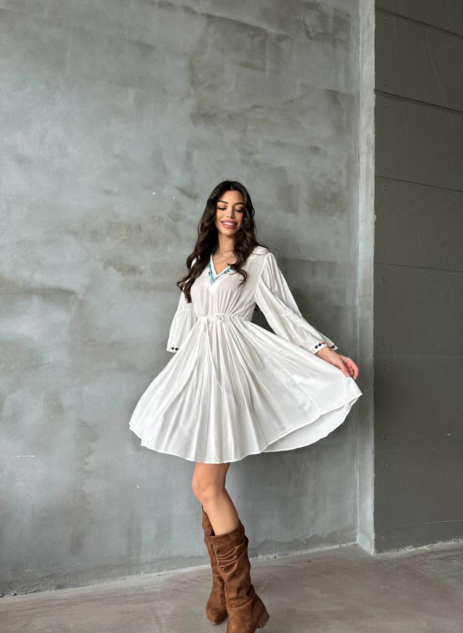 V neck cotton white midi dress