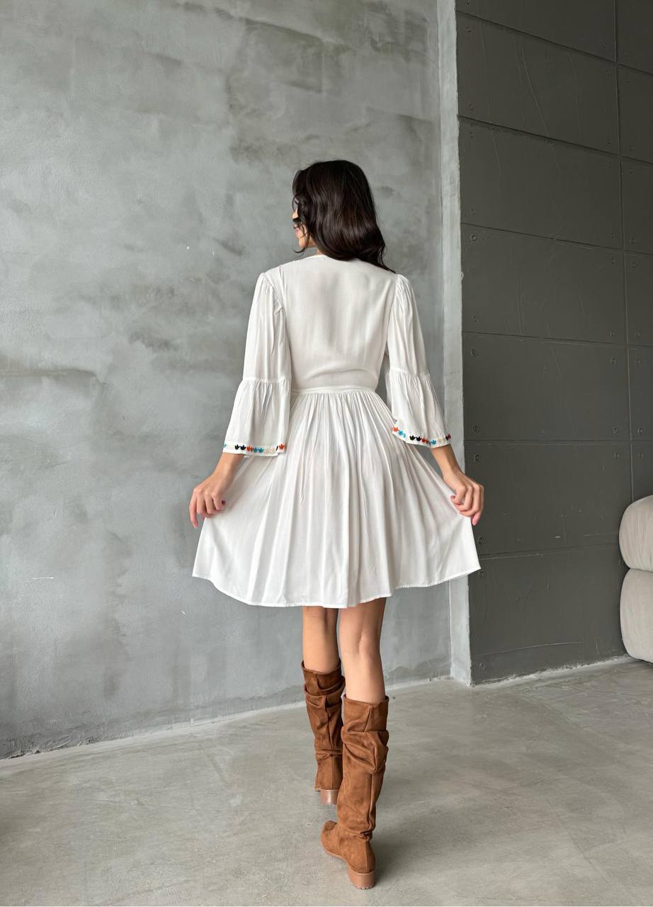 V neck cotton white midi dress