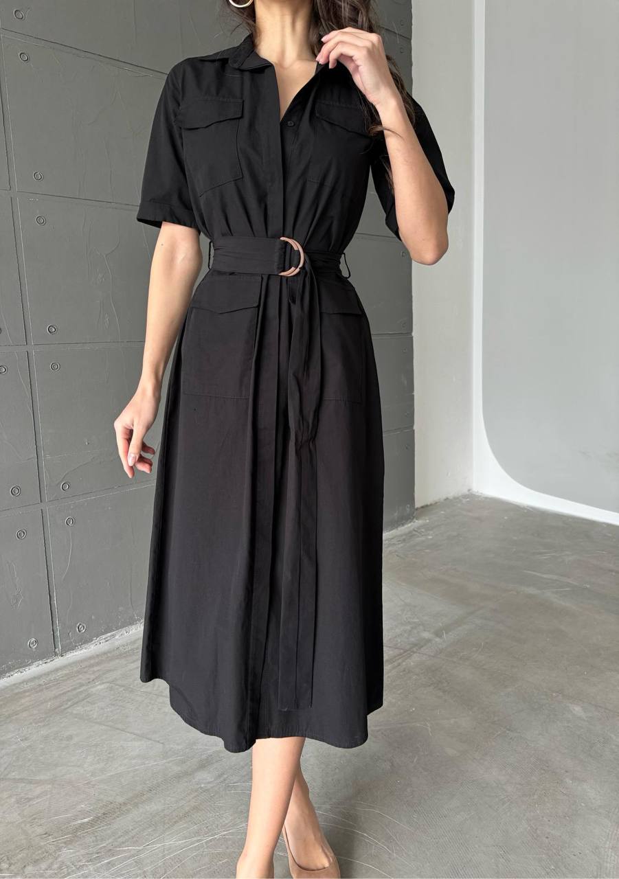 Half sleeves linen black dress shirt