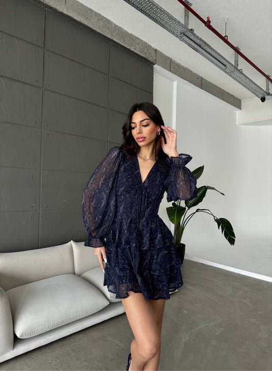 Navy full sleeves chiffon mini dress