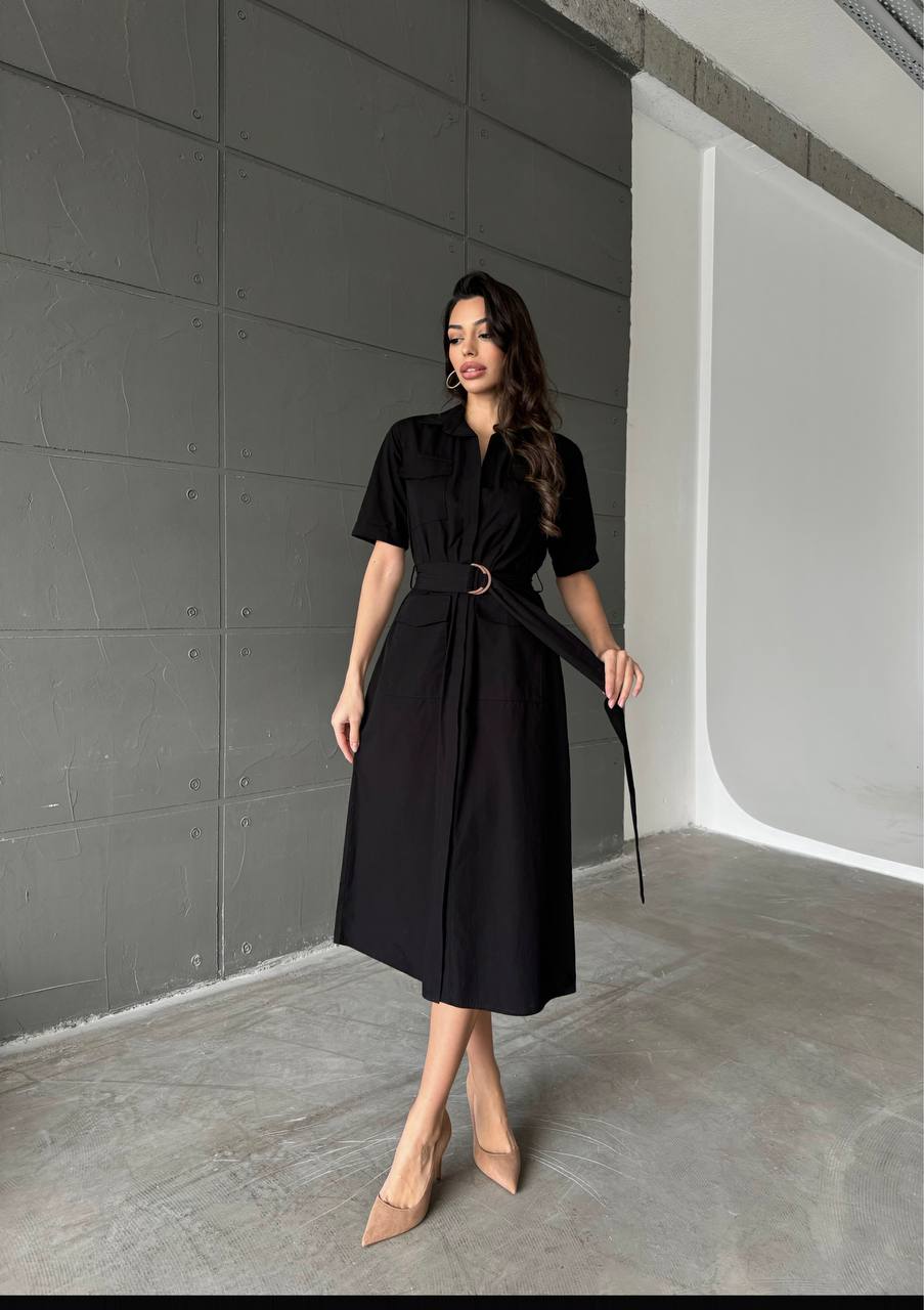 Half sleeves linen black dress shirt