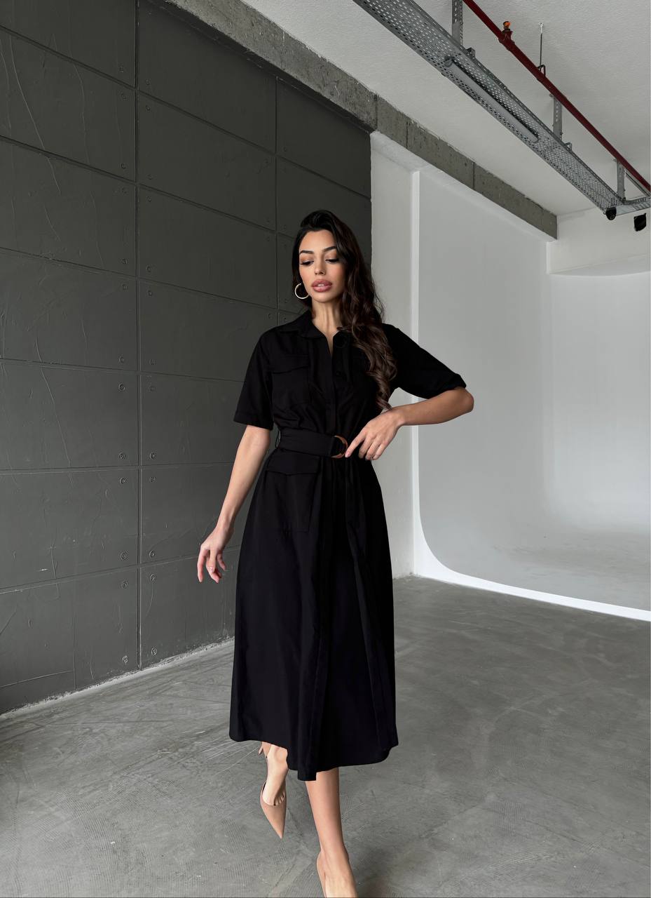 Half sleeves linen black dress shirt