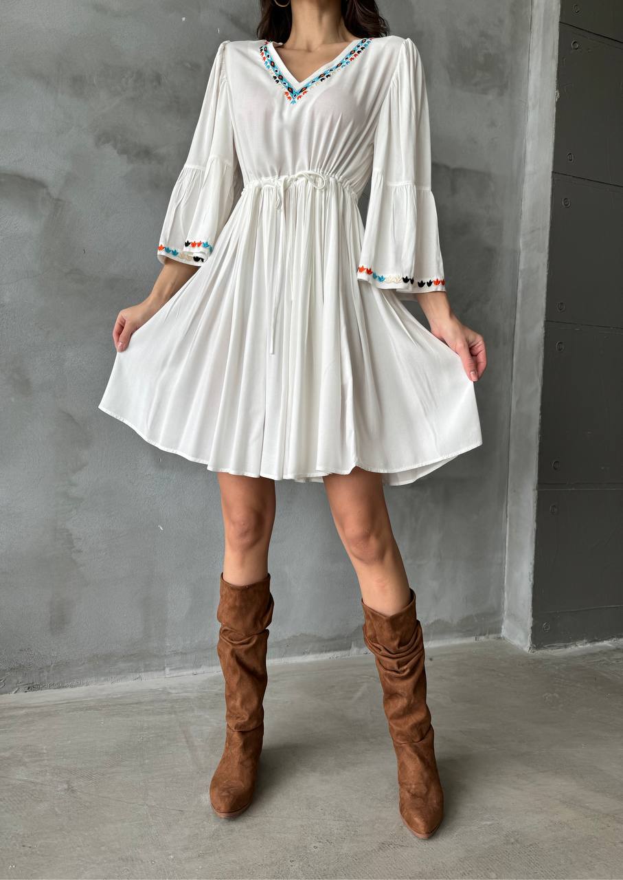 V neck cotton white midi dress