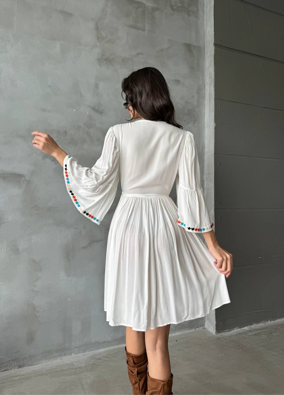 V neck cotton white midi dress