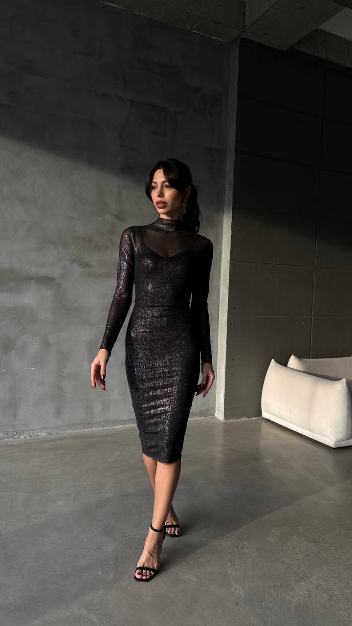 Sequin double layer black midi dress