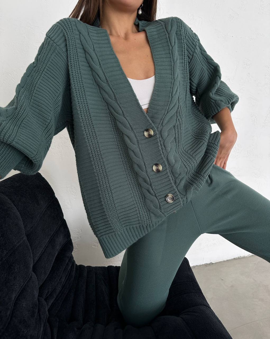 Knitted oversize cardigan and slim fit pants set