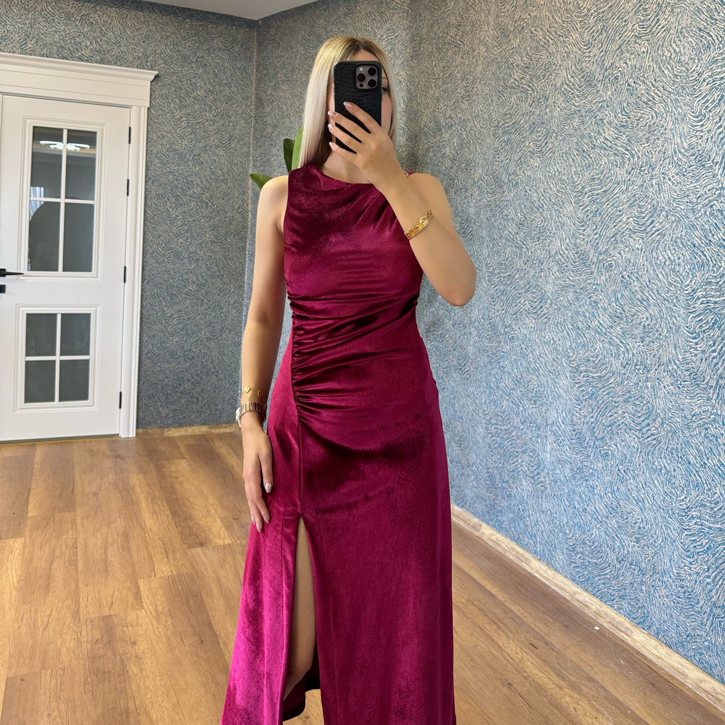 Velvet drape midi dress-Wine