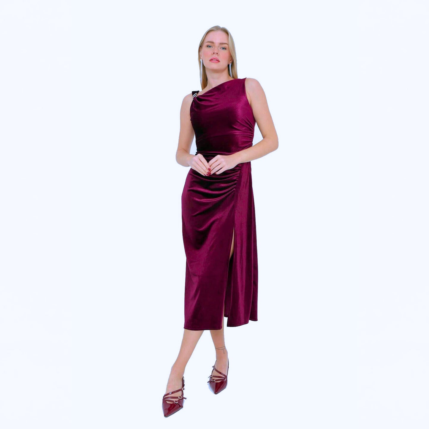 Velvet drape midi dress-Wine