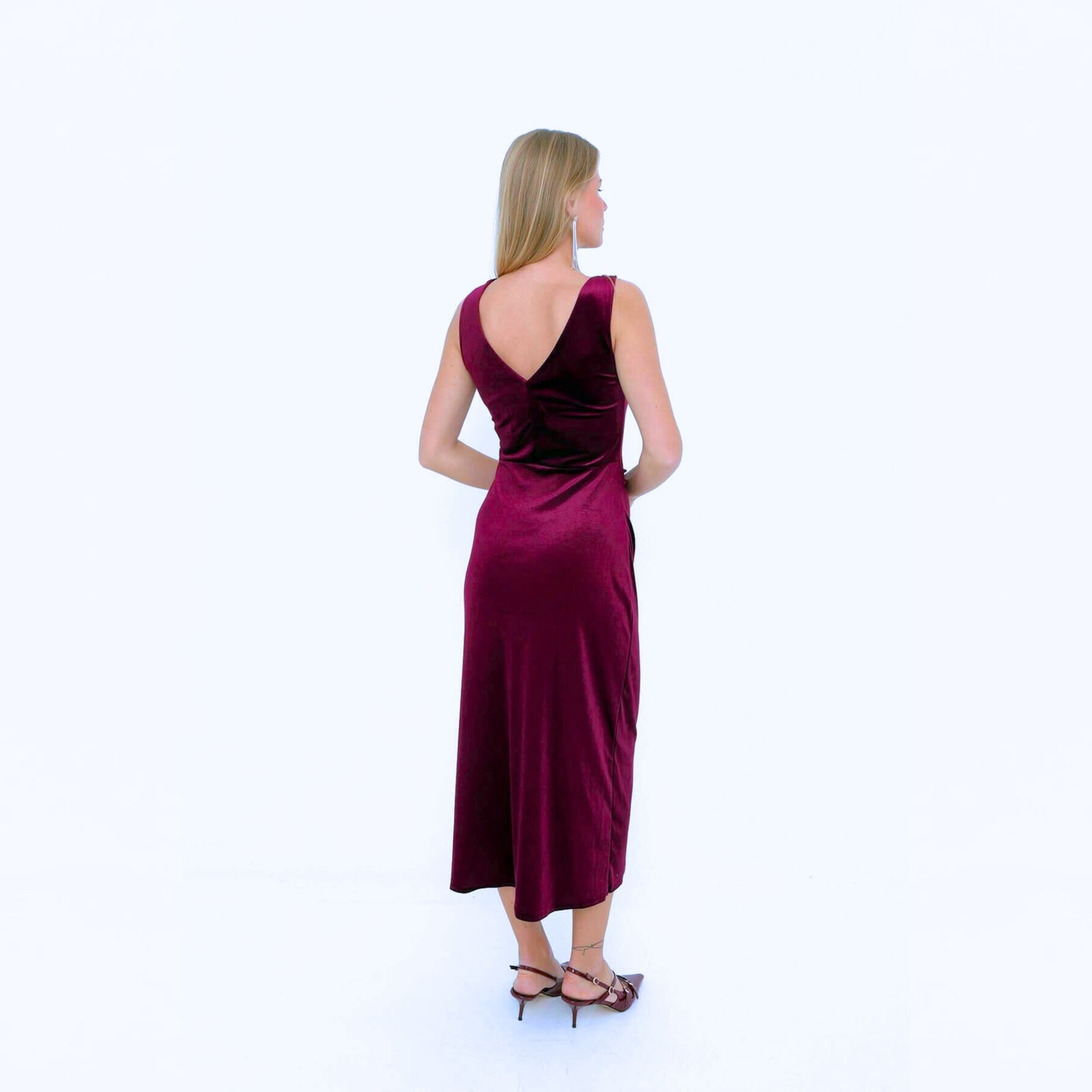 Velvet drape midi dress-Wine