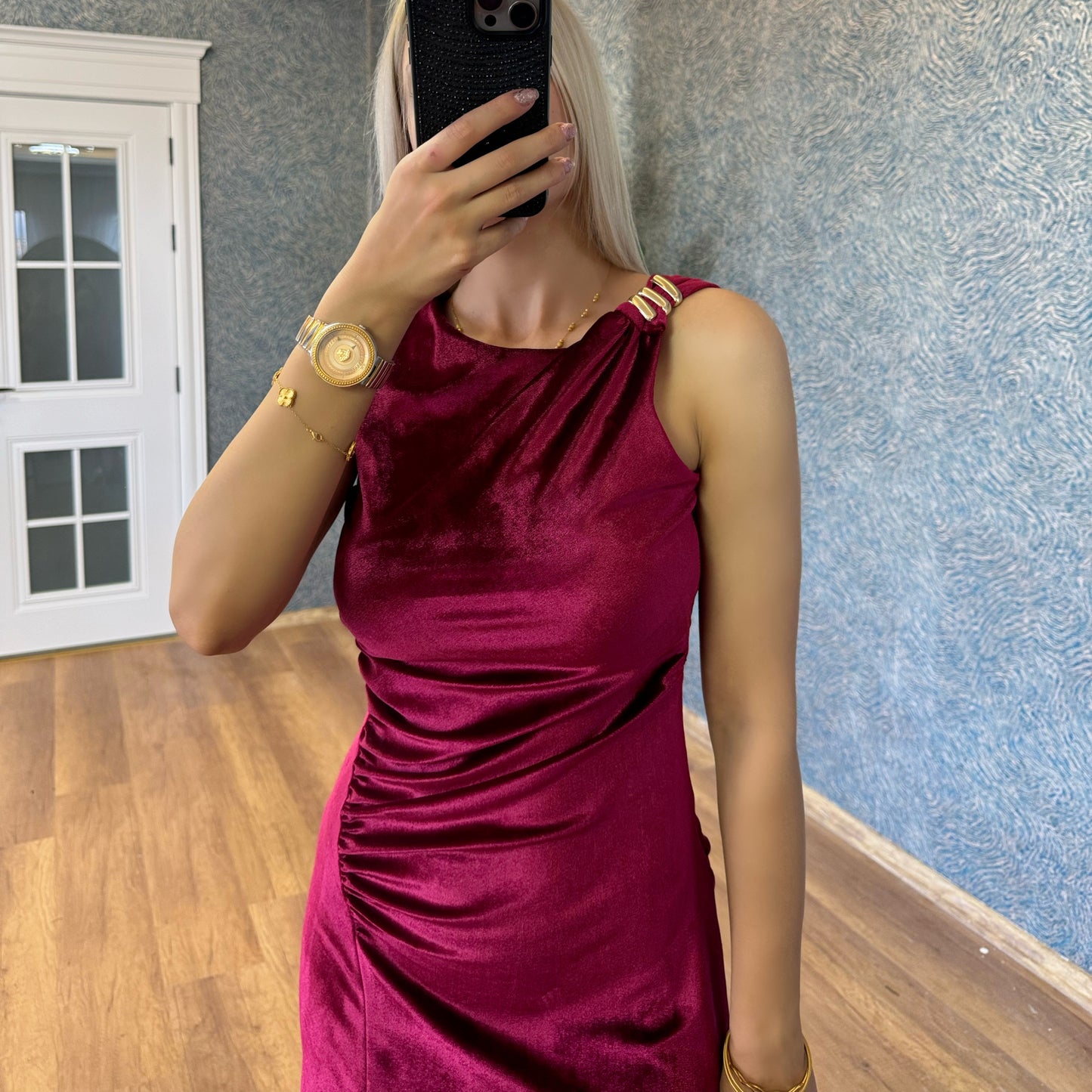 Velvet drape midi dress-Wine