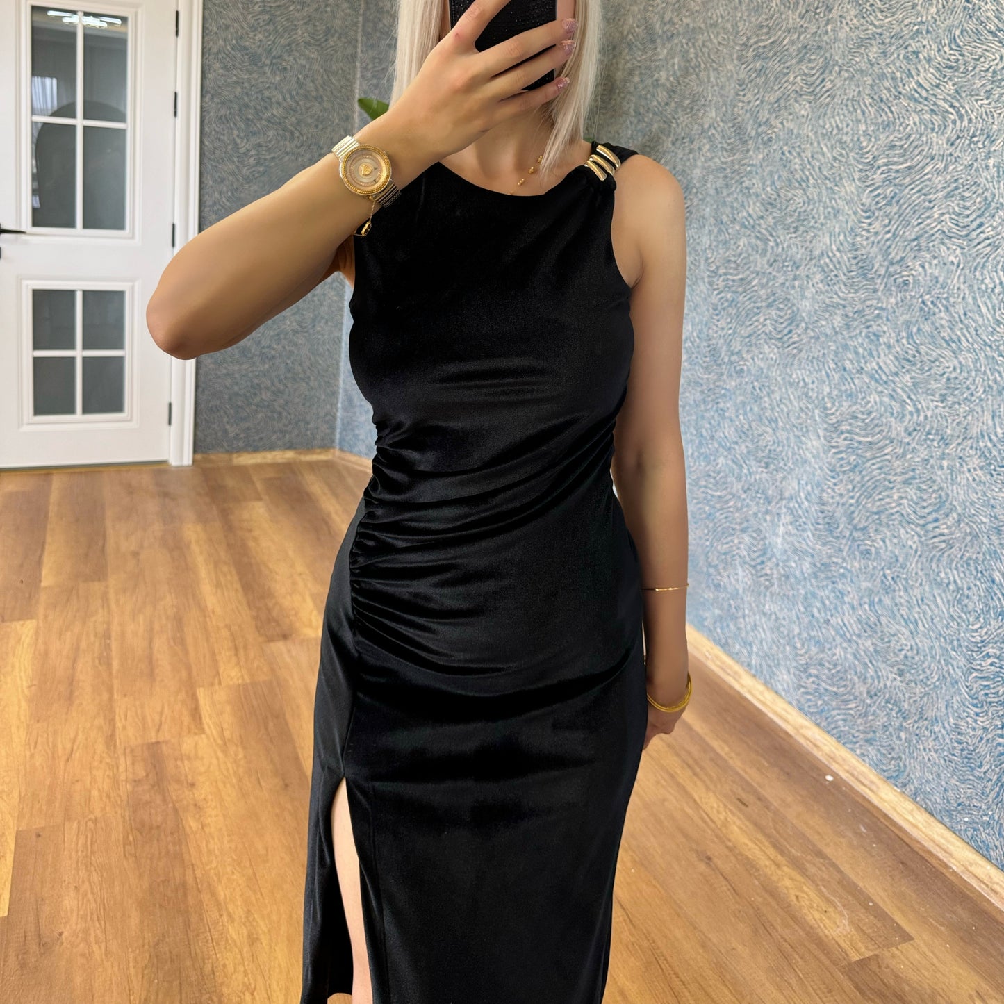 Velvet drape midi dress-Black