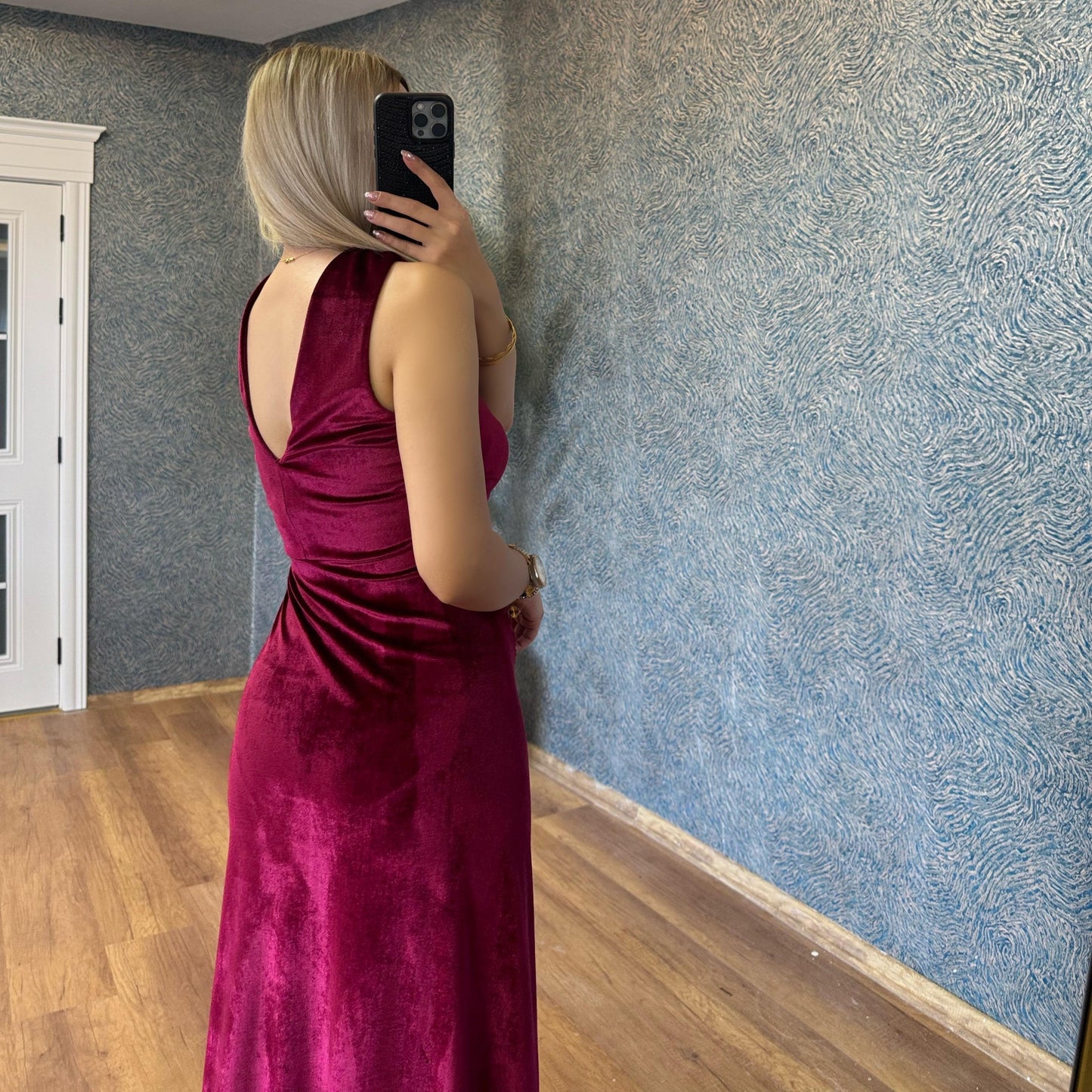 Velvet drape midi dress-Wine