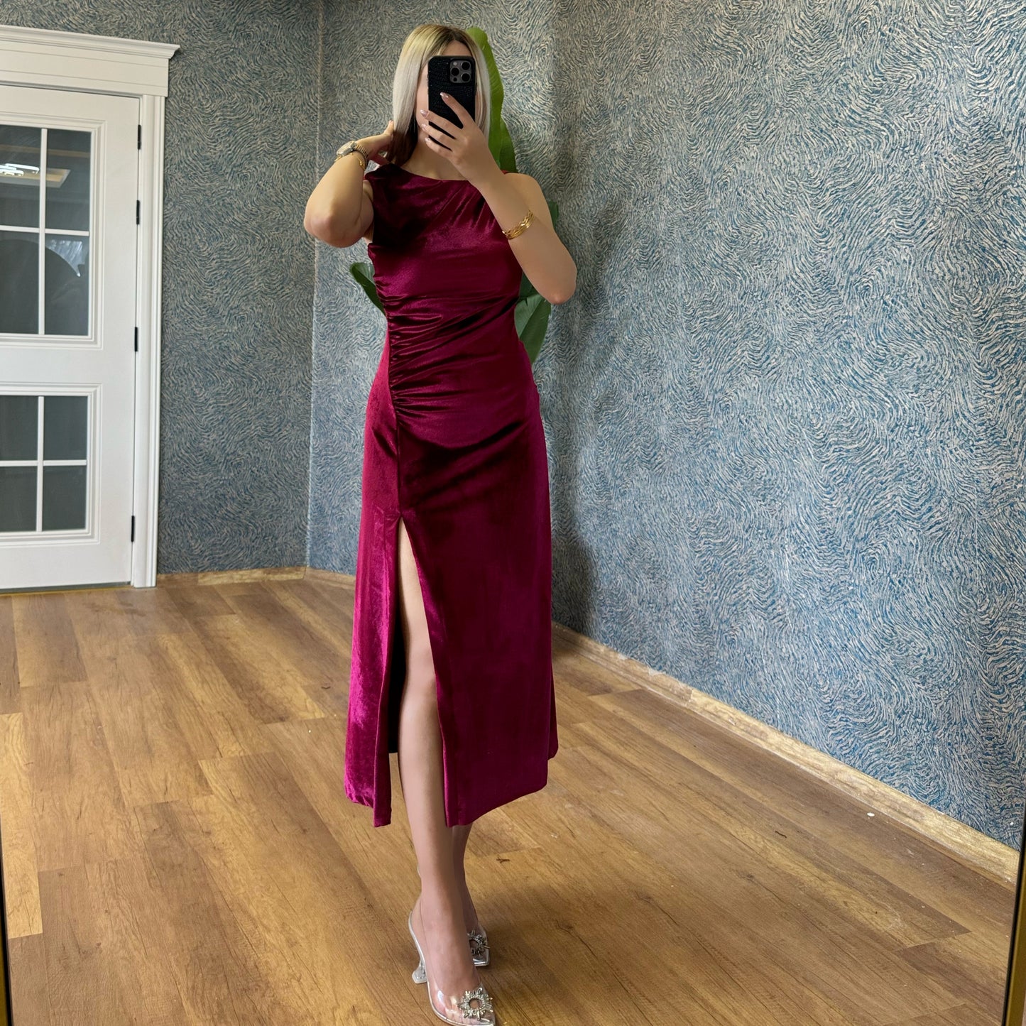 Velvet drape midi dress-Wine