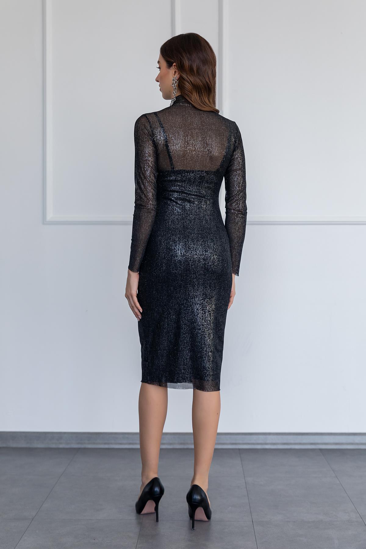 Sequin double layer black midi dress