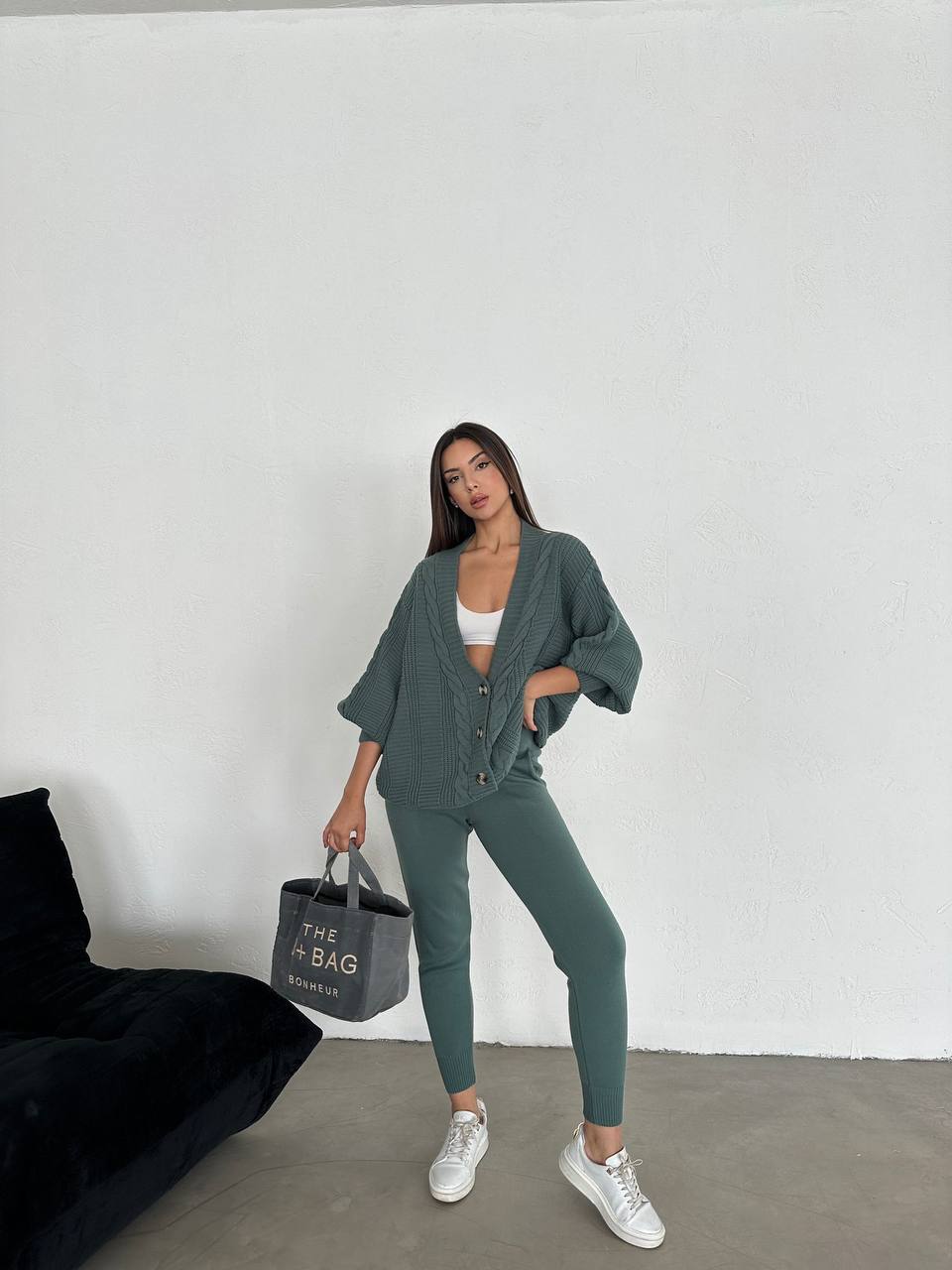 Knitted oversize cardigan and slim fit pants set