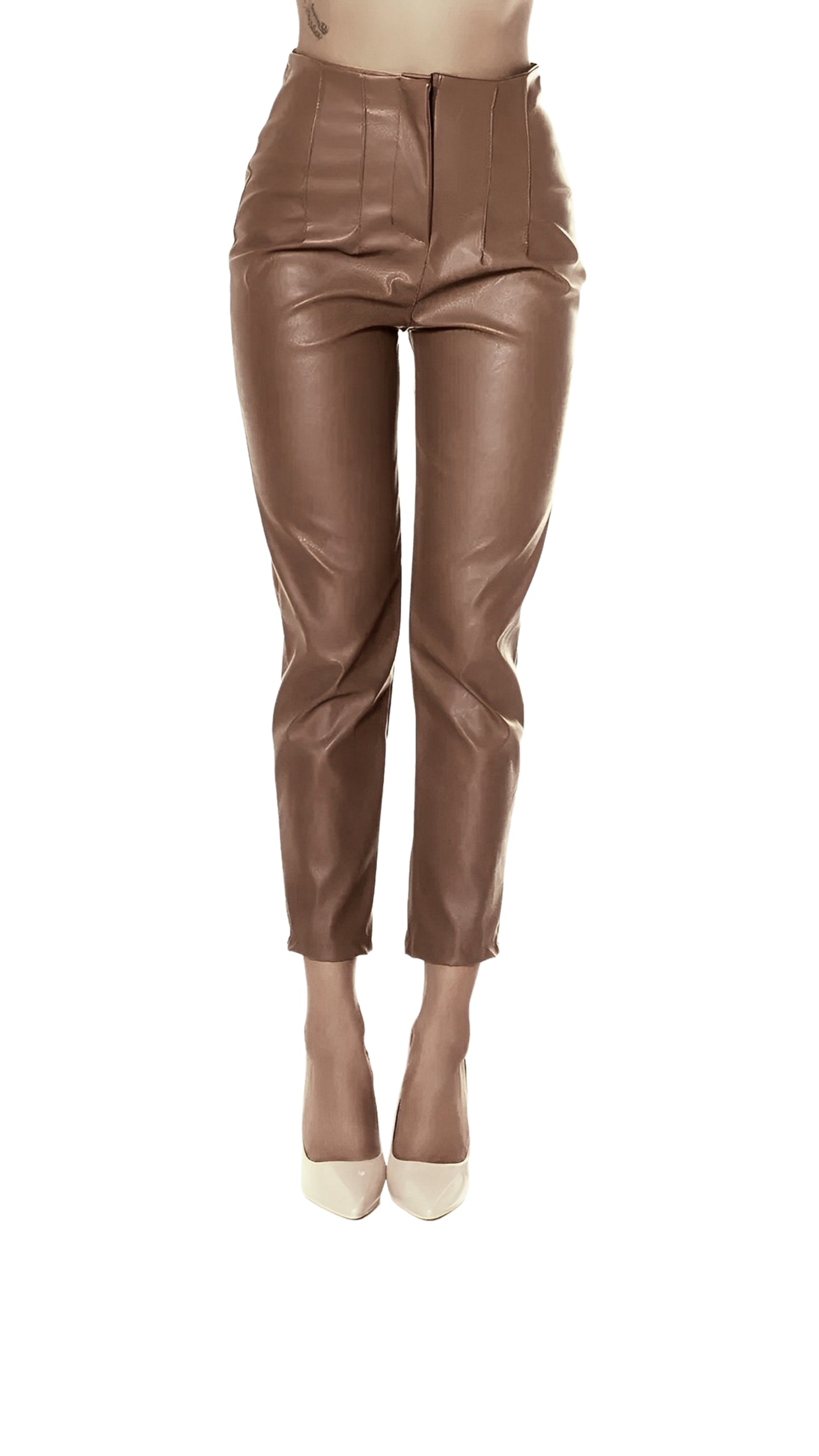 High waist brown vegan Turkish leather pants