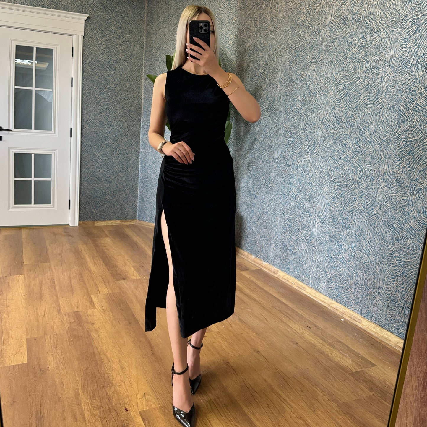 Velvet drape midi dress-Black